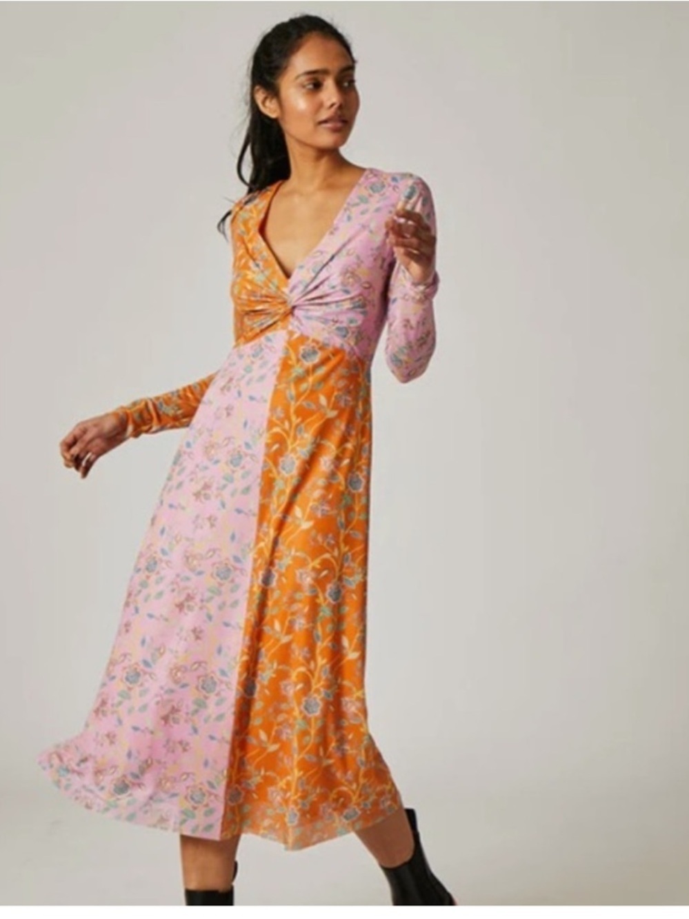 Anthropologie x Rachel Antonoff Olivia Dress - Two-Tone Floral Midi Pink&Orange